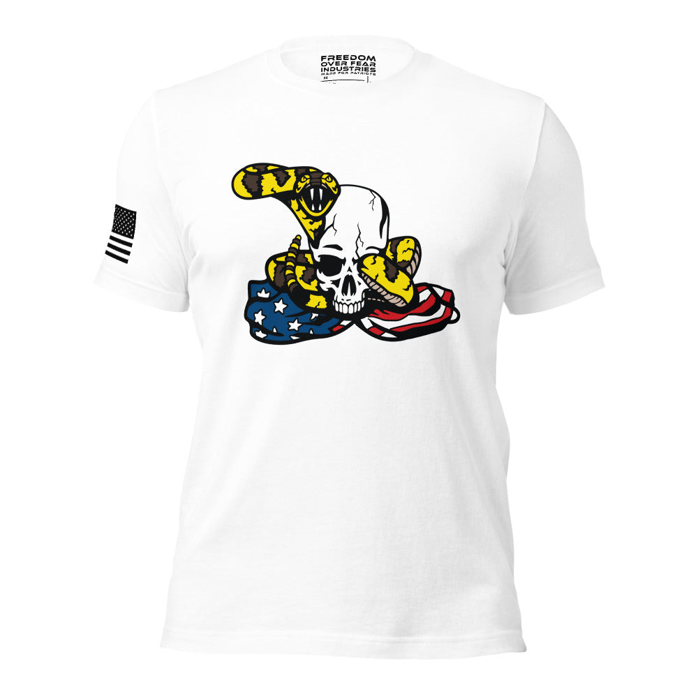 Don't Tread on Me Gadsden Coiled Snake and Skull Patriotic Conservative USA Men's T-Shirt Freedom Over Fear Industries