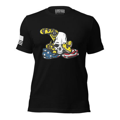 Don't Tread on Me Gadsden Coiled Snake and Skull Patriotic Conservative USA Men's T-Shirt Freedom Over Fear Industries