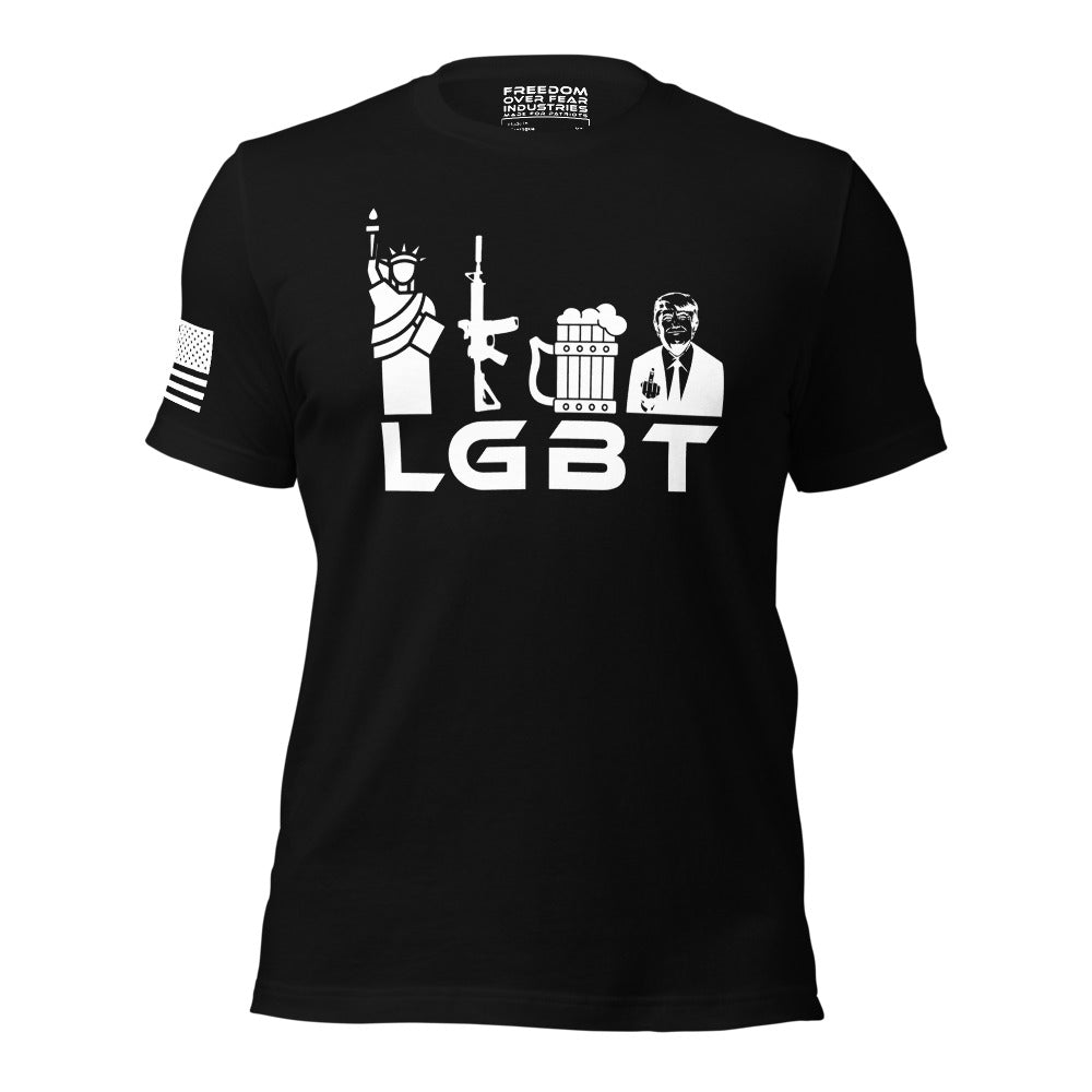 Liberty Guns Beer Trump LGBT MAGA Trump 2024 Rally Conservative Republican Patriotic Political Men's T-Shirt Freedom Over Fear Industries