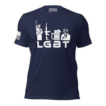 Liberty Guns Beer Trump LGBT MAGA Trump 2024 Rally Conservative Republican Patriotic Political Men&#39;s T-Shirt Freedom Over Fear Industries